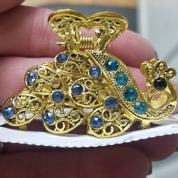 NWT Blue Gems & Gold Enamel Peacock Medium Hair Clip! - Picture 5 of 14